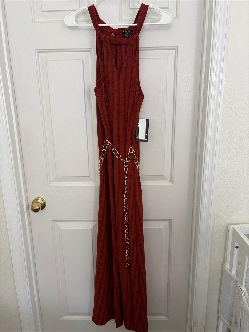 Women's Rust Halter Maxi Dress with Gold Chain Accents